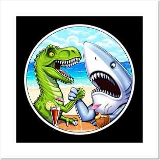 T-Rex Dinosaur Shark Arm Wrestling Posters and Art